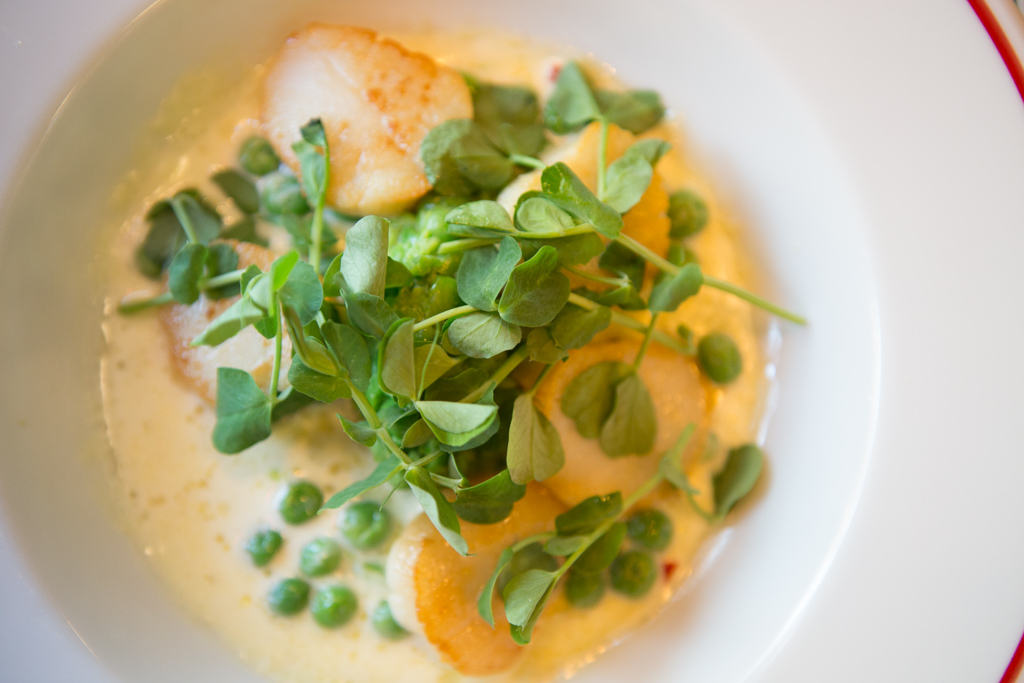 £8.75 - Scallops with petit pois and pea shoots in a cream sauce